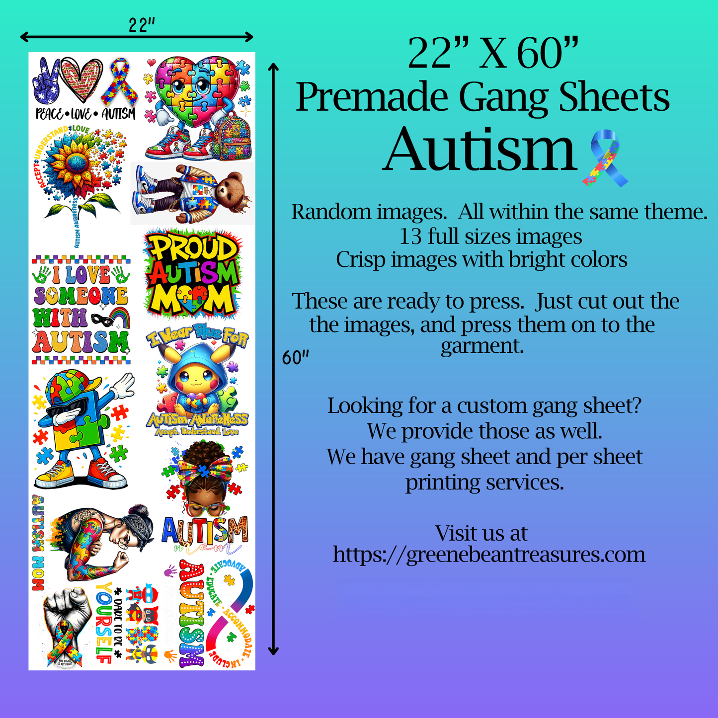 Pre-Made Autism Gang Sheet 22x60 with 13 autism awareness designs